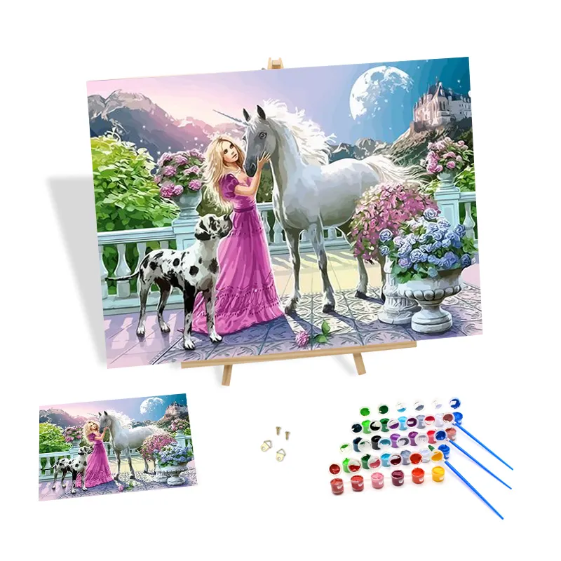 Diy Gemälde nach Zahlen Benutzer definierte moderne Prinzessin und weißes Pferd gerahmte Acrylfarbe hand bemalte Leinwand Farbdruck Home Decor