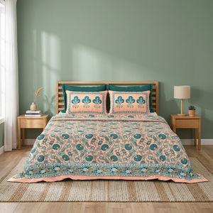 Parure de lit en coton imprimé motif végétal, taille King, motif floral blanc, avec taies d'oreiller, style bohème indien pour chambre à coucher - Product Image 2