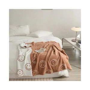 Low MOQ High Quality Personalized Wholesale Super Cozy Warm Smiley Face and Chess Knitted Throw Blankets Fleece