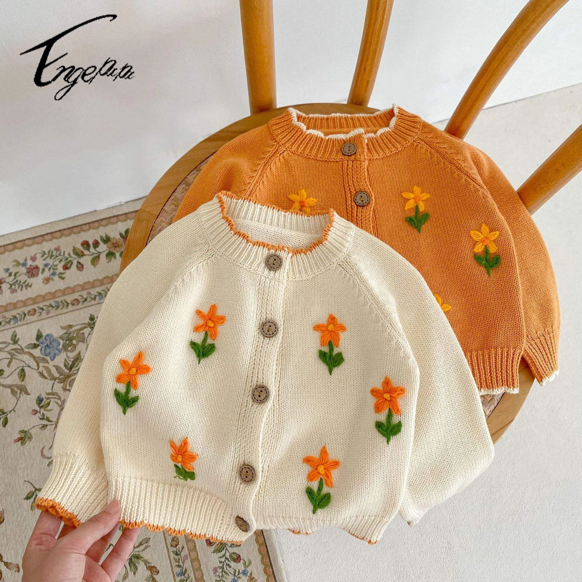 Engepapa sweater rajut bayi perempuan, kardigan motif bunga baru lahir bahan katun bordir musim gugur