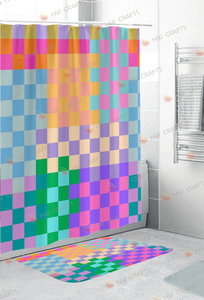 Retro Yellow Checkered Shower <strong>Curtain</strong> With Big Rug, Grid Groovy <strong>Funky</strong> Cute Fabric Waterproof Bathroom Set With Hooks/ - Product Image 3