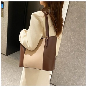Bolso de Mano de Cuero para Mujer, Gran Capacidad, Diseño Moderno, Color Sólido en Contraste, Bolso de Compras de PU con Cierre de Cremallera - Product Image 4