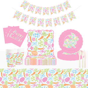 DAMAI Pink Green Bunny Paper Plates With Flowers Design Disposable Party Tableware Set for <b>Easter</b> Decor Supplies Serves 8 Pcs - Product Image 1