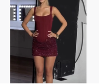 Robe mini femme rouge bordeaux à sequins brillants, col carré, sans manches, ourlet plissé, pour l'été, les soirées et le quotidien, modèle uni, Vestidos