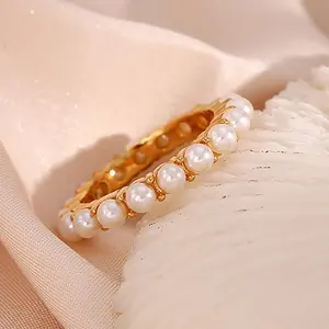 השמטת חינם אלגנטי פרל אירוסין טבעת 18k מצופה זהב נירוסטה תכשיטי חתונה