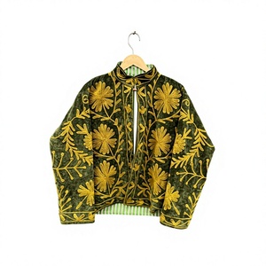 <b>Green</b> <b>Velvet</b> Mandarin Collar Jacket Women's Floral Hand Embroidered Coat Autumn Full Sleeve Regular Length Elegant Style - Product Image 1