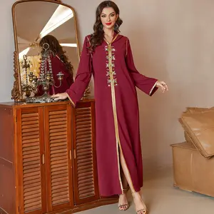 Оптовая продажа, турецкая исламская одежда, толстовка Рамадан, винно-красное платье с капюшоном, ручная работа, платье со стразами, свободное женское мусульманское платье из Абайи, джилбаба