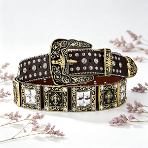 <b>Western</b> Cowboy Cross Pattern Rhinestone Leather <b>Belt</b> Wide Gold Engraved Alloy Buckle Bling Crystal Studded <b>Belt</b> For <b>Men</b> Women - Product Image 3