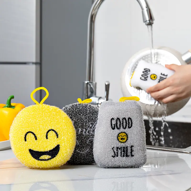 ฟองน้ำล้างจานรูปการ์ตูนหน้ายิ้ม4ชิ้น,แปรงล้างจานสองด้านสำหรับใช้ในครัวเรือนทำความสะอาด