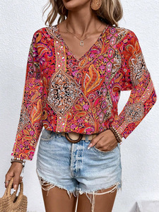 Top Casual Personalizado de Verano para Mujer, Estilo Vintage, Transpirable, Holgado, con Estampado Paisley, Cuello en V, Diseño Floral, Tejido con Método de Tejido - Product Image 2