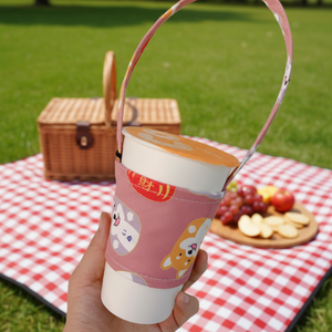 Sac de rangement réutilisable en toile pour bouteille d'eau avec impression personnalisée, étui portable pour thé au lait, motifs animaux, long ruban - Product Image 3