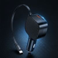 Chargeur de voiture double à design unique, câble rétractable de 70 cm PD 30W Type-C, charge rapide QC3.0 pour téléphones mobiles