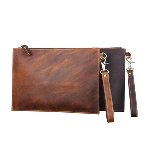 WRIZA premium brown leather clutch bag with detachable wrist strap polished <b>metal</b> clasp smooth zipper closure elegant daily use - Product Image 1