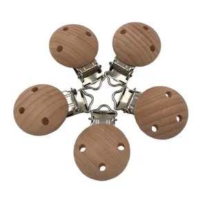 Wholesale Round Beech Wood 30mm 3 Holes Baby Wooden Metal Pacifier Clip For Pacifier Holder