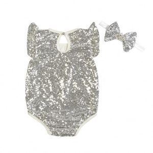 Vêtements pour bébés et tout-petits en coton, couleur unie, paillettes, combinaison pour nouveau-né avec bandeau - Product Image 4