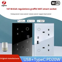 Prise murale intelligente JRUMP 147 avec double USB+C, panneau en verre, 6 prises A+C, mesure de la consommation d'énergie, Zigbee 13A, prise intelligente Tuya, prise murale UK, PD20W