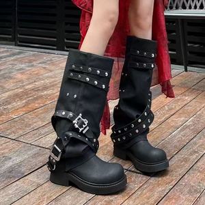 2025 Botas de plataforma con remaches para mujer-Estilo retro occidental, hasta la rodilla, corte de bota, tacón grueso, Adelgazante y elegante - Product Image 2