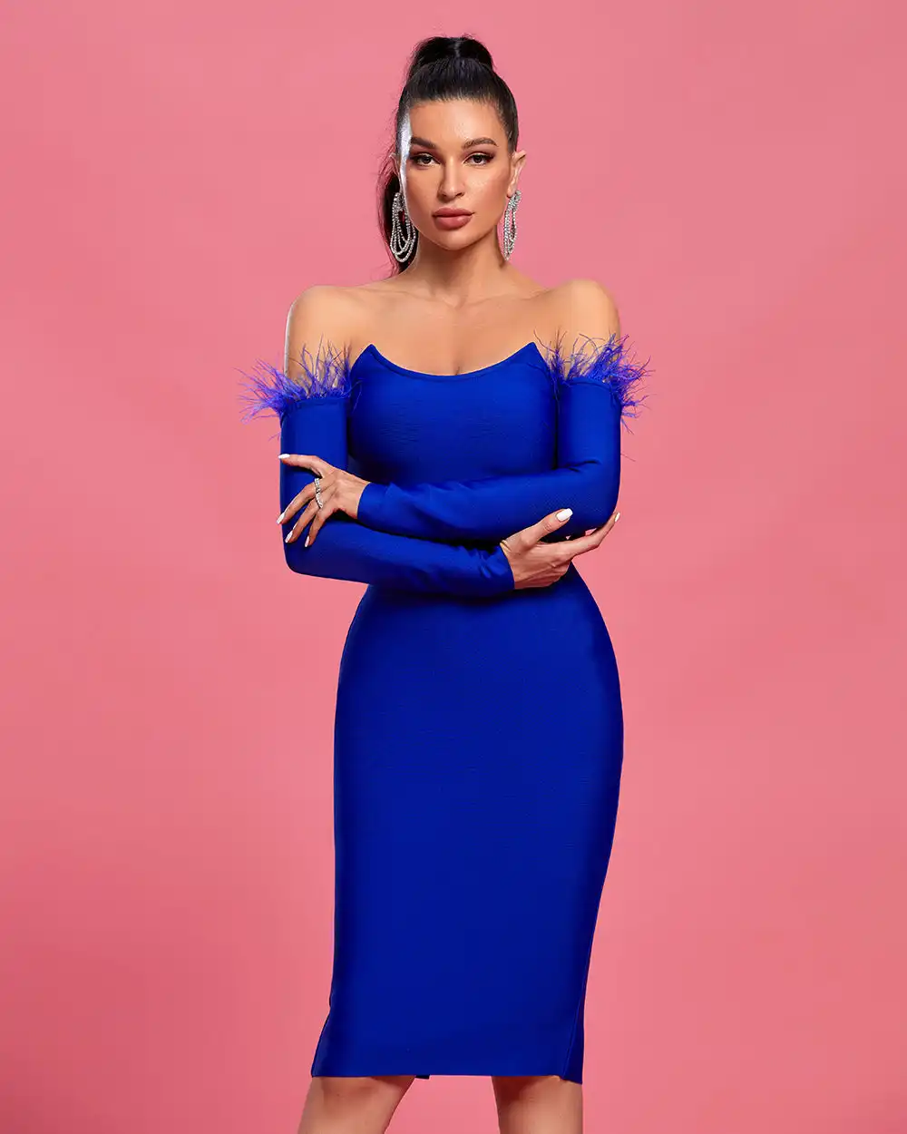 Ocstrade Wholesale Customize Party Dress Off Shoulder Feather Trim Midi Bandage Dress Women Blue Long Sleeve Cocktail Dress