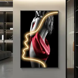 Criatividade 3D Efeito Wall Art Decor Abstrato Sexy Figurine Wall Escultura com LED Light Metal Frame Crystal Porcelain Pintura