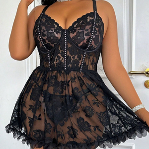 Conjunto <span class=keywords><strong>de</strong></span> Lencería Sexy y Elegante con Escote Pronunciado y Estampado Floral, Estilo Europeo y Americano, Talla Grande, Divertido y Coqueto - Product Image 3