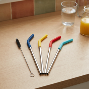 Reusable Metal <b>Drinking</b> <b>Straws</b> with Cleaning Brush 5-Pack Colorful Bendable Bar Accessories Modern Style - Product Image 4
