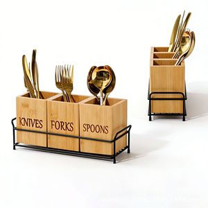 Boîte de rangement à compartiments en bois pour couverts, support amovible pour couteaux, fourchettes et cuillères, organisateur de cuisine, étagère de rangement pour armoire et garde-manger - Product Image 1