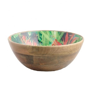 Nouveau design – Bol à salade en bois de manguier avec impression émaillée, vaisselle et bols pour mariages, fêtes et événements festifs, idéal pour salades et fruits - Product Image 1
