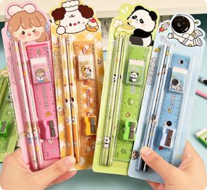 Lot de 5 articles de papeterie de dessin animé pour enfants, ensemble de crayons Kawaii avec 2 crayons, 1 règle, 1 gomme, 1 taille-crayon, cadeau de rentrée scolaire - Product Image 1