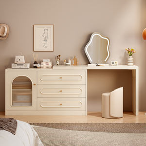 Solid Wood Dressing <b>Table</b> With Drawer Cream Color Lighted Mirror Bedroom <b>Makeup</b> Vanity For Home Use - Product Image 4