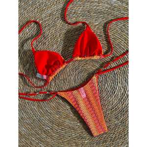 Ensemble Bikini pour femmes, Orange, rouge, à lacets, avec embellissements métalliques, pour la natation et les sports nautiques, ensemble 2 pièces - Product Image 3