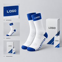 Chaussettes de football à logo et grip, blanches et bleu roi, pour le football en terrain, vente en gros, développement tricoté, inspection de la qualité