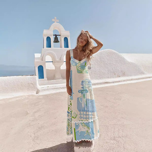 فستان كاجوال مثير مطبوع من الكتان على الموضة الأمريكية فستان صيفي بدون حمالة - Product Image 1