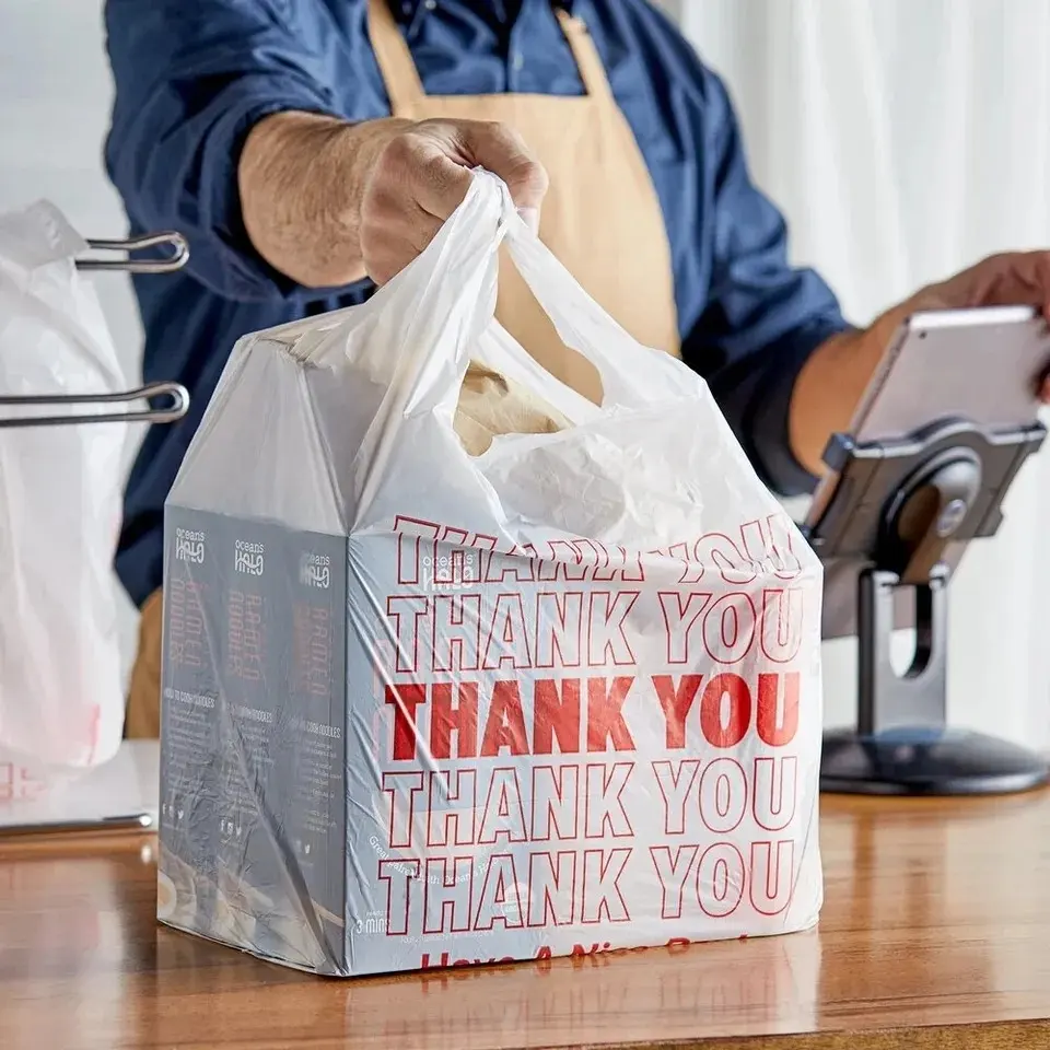Hdpe 감사합니다 가방 슈퍼마켓 식료품 쇼핑 조끼 핸들 티셔츠 흰색 비닐 봉투