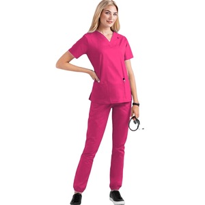 Women's V-Neck <b>Scrub</b> <b>Set</b> Short Sleeve Two Piece Moisture Wicking Hospital Uniforms For Nurses Split <b>Set</b> European Style - Product Image 2