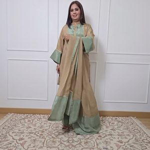 Women's Traditional Indian Pakistani Silk <b>Dress</b> Set Floor-Length Loose Fit Beige Green Two-Tone Casual Wear All Seasons - Product Image 1