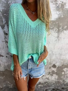 Novedad 2026: Camiseta y suéter de punto calado para mujer, estilo transfronterizo, elegante y cómodo, con cuello en V, fino, holgado, transpirable y semitransparente. - Product Image 6