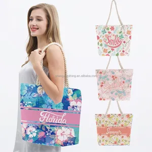 Large Zipper Closure Tie-dyed Tropical Floral Florida Travel Souvenir Bag Canvas Tote Bags With Zipper Custom Printed Logo