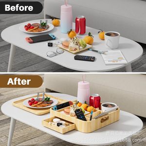 Wooden Storage Tray With <b>Drawer</b> Pine Wood Multi Functional Organizer For Living Room Desktop Snack Fruit Holder - Product Image 4