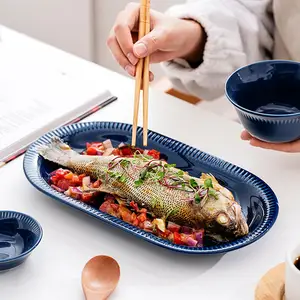 Blanc et bleu 9 pouces 12 pouces ménage dîner plat de service en céramique ovale poisson assiette restaurant vaisselle