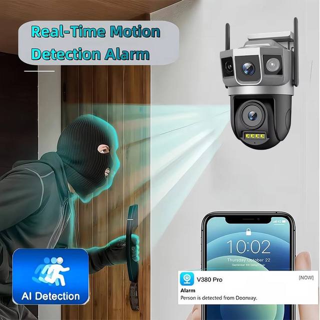 2026 New 12MP CMOS Triple Screens Outdoor WiFi Security Camera 4G SIM Card HD Night Vision AI Human Detection Home Memory Card