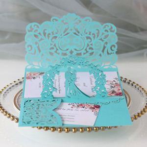 Cartes de vœux 3D découpées au laser européennes et américaines en stock, invitations de mariage, invitations de fêtes, cartes d'invitation de mariage bleu profond - Product Image 5
