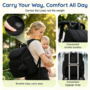 Sac à dos noir pour couches de bébé, grande capacité, pour maman, sac à couches de voyage pour garçons et filles avec sangles pour poussette - Product Image 1