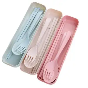 Eco Friendly forchetta cucchiaio bacchette riutilizzabili paglia di grano stoviglie Set di posate utensili da viaggio portatili Set di posate