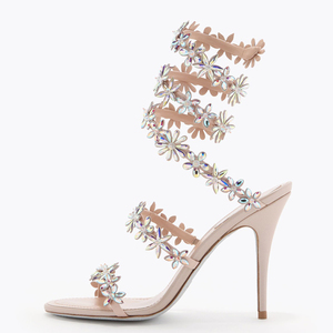Sandales à talons aiguilles pour femmes, avec fleurs en cristal et spirales, motif marguerite irisée, à enrouler autour de la jambe, motif floral, vente en gros, OEM, personnalisées - Product Image 4