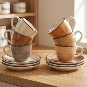 Baita Chocolate Set of 6 Hand-Painted Stoneware Coffee <b>Cups</b> <b>Saucers</b> Retro Modern Turkish Design Dishwasher Safe for Tea Drinks - Product Image 3