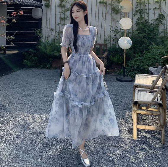 chinese dress ladies Korean Style] Off-white Blue Flowy Chiffon Short Dress – Ordicle