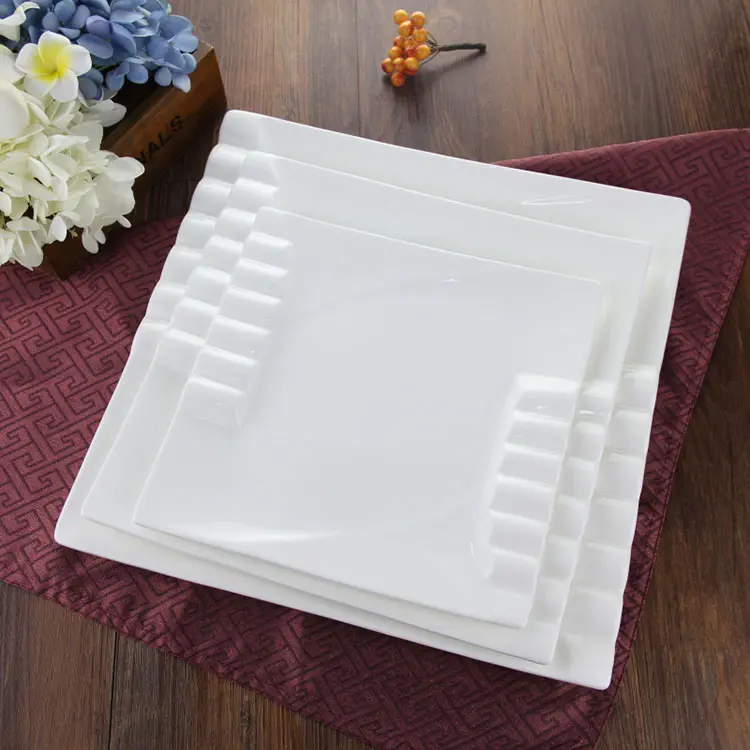 높은 품질 양각 사각형 사각형 흰색 세라믹 도자기 접시 주방 요리 호텔 레스토랑