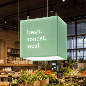 Letrero Colgante LED Acrílico Verde Menta con Diseño de Cubo Hueco, Fresco, Auténtico y Local para Mercado o Tienda de Comestibles - Product Image 1