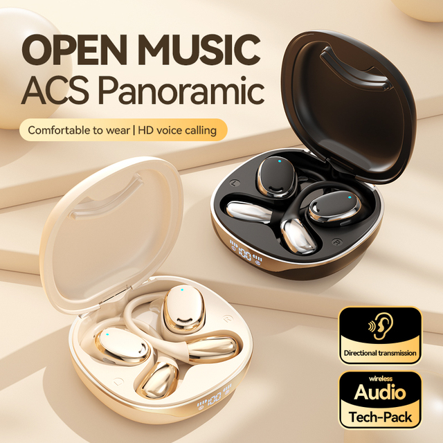OWS Luxury ABS Open-Ear Wireless Earbuds Open Back Design LED Battery Indicator for 5.4 IPX-4 Waterproof Hi-Fi Stereo for Music