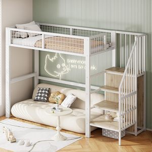 <span class=keywords><strong>Lit</strong></span> <span class=keywords><strong>mezzanine</strong></span> moderne en métal 90x200cm <span class=keywords><strong>avec</strong></span> armoire de <span class=keywords><strong>rangement</strong></span> <span class=keywords><strong>et</strong></span> escalier 1 place blanc (sans matelas) pour salon - Product Image 4